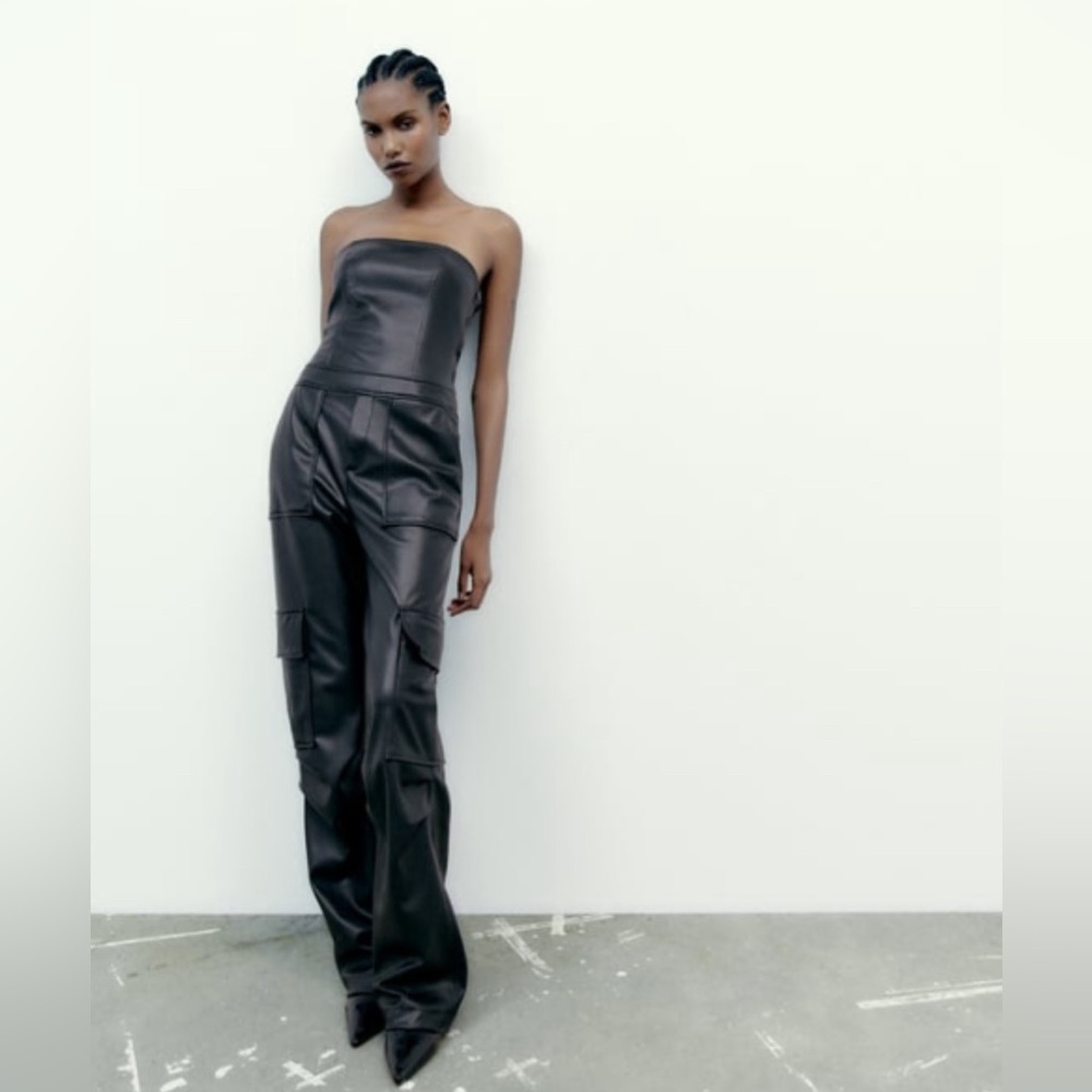 Zara Multipocket Faux Leather Long Jumpsuit